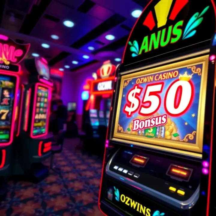 Casino Slot Machine Highlighting the No Deposit Bonus Offer Illustration of a casino slot machine with vibrant lights and a glowing bonus notification