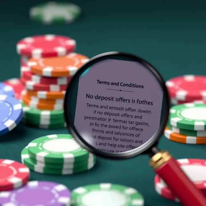 Terms and Conditions for No Deposit Offers at Ozwin Online Casino Graphic depicting various casino chips and a magnifying glass highlighting terms and conditions for no deposit offers