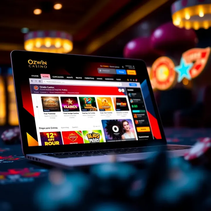 Ozwin Casino Online Bonus and Rewards Dashboard Laptop screen displaying Ozwin Casino website with active promotions and user account