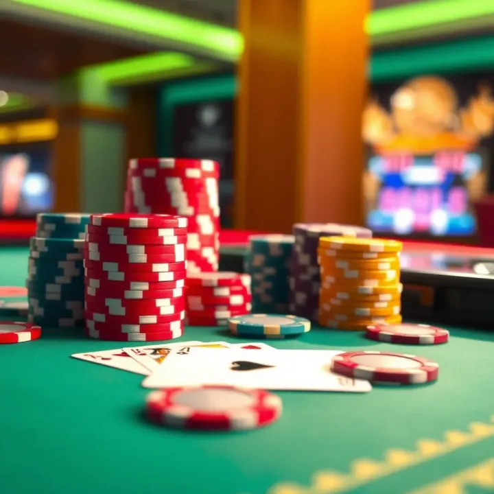 Bright casino chips and playing cards arranged on a vibrant gaming table