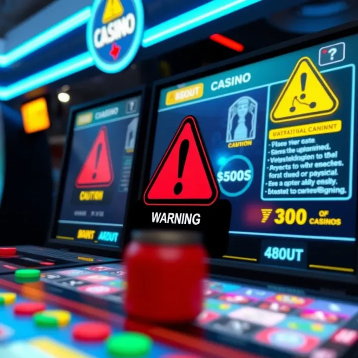 Illustration showing online casino interface with warning symbols and caution signs