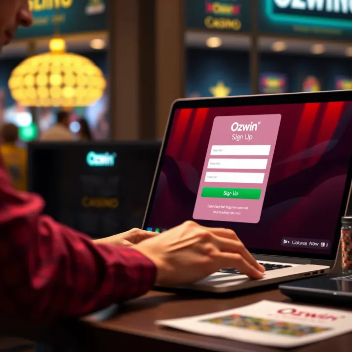User navigating Ozwin Casino sign-up form on a laptop
