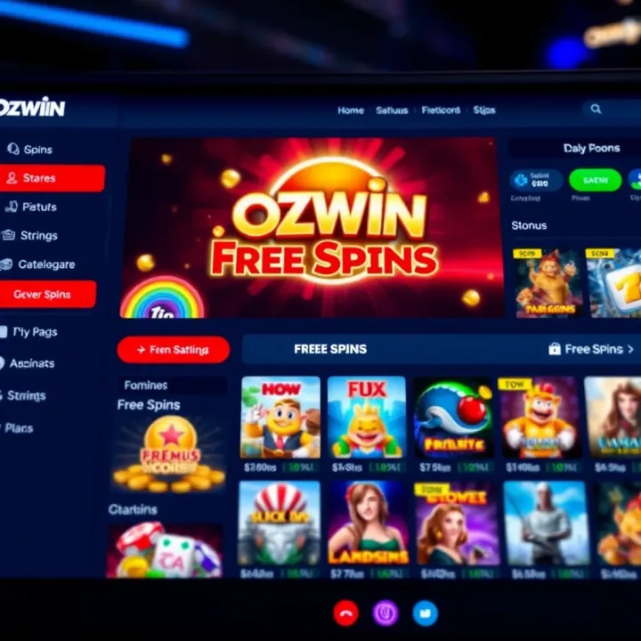 Ozwin Free Spins Bonus Offers and Game Selection Online casino dashboard showing free spins bonus offer and game selections