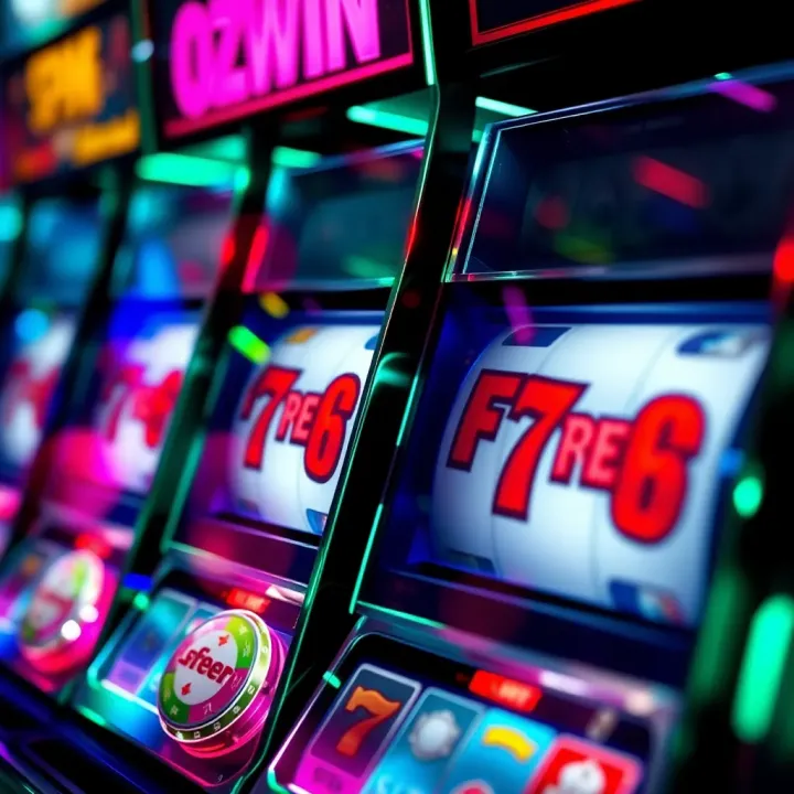 Ozwin Free Spins Highlighted on Slot Machine Reels Slot machine reels displaying free spin symbols with bright casino lights