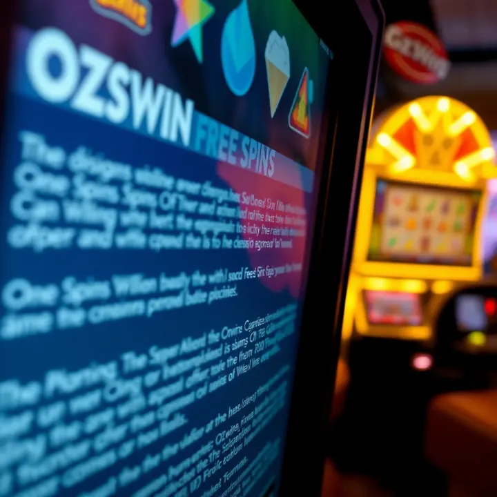 Close-up of a digital screen showing Ozwin free spins offer details and terms