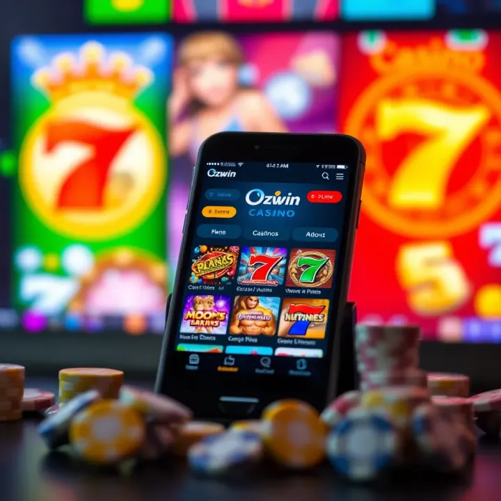 Mobile phone displaying a variety of casino games on the Ozwin platform