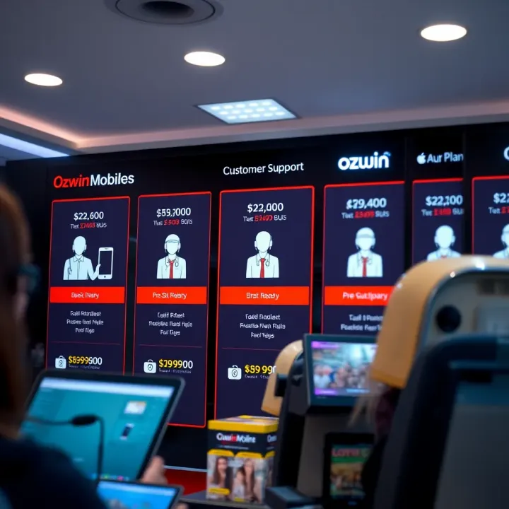 Display of various affordable mobile plan options and customer service icons representing support
