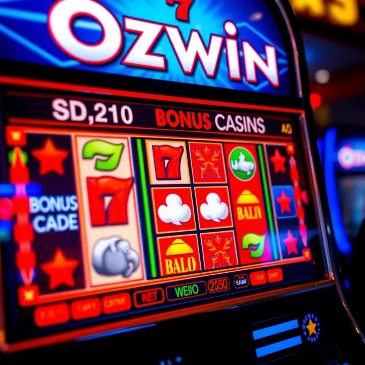 Ozwin Casino No Deposit Bonus Code Display Digital slot machine with flashing lights and bonus code symbols on screen