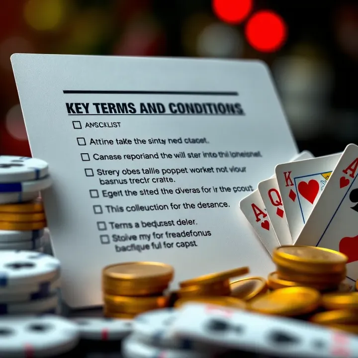 Checklist highlighting terms and conditions for a casino bonus with coins and playing cards