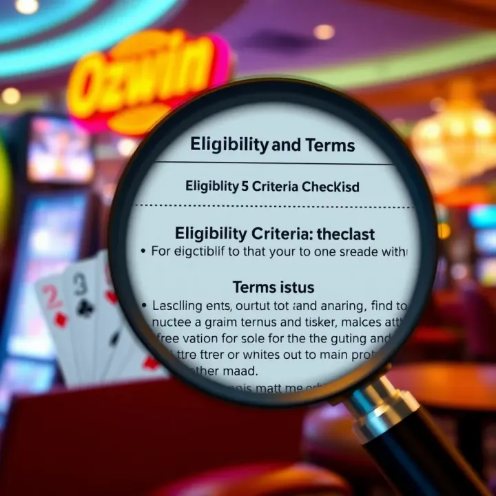 Eligibility and Terms of the Ozwin Free Offer Explained Graphic displaying eligibility criteria checklist and terms with a magnifying glass highlighting key points