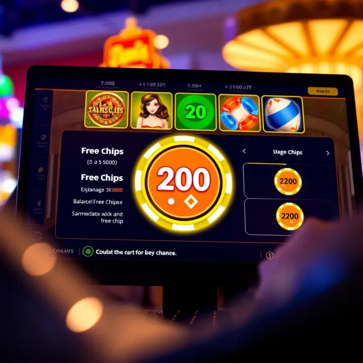 Illustration of online gaming interface showing free chip balance and usage options