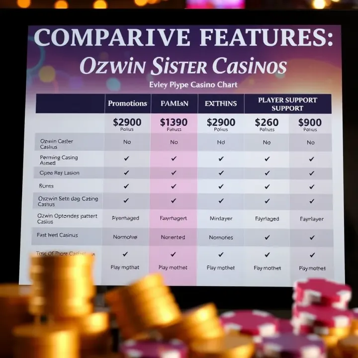 Comparison chart highlighting promotions, payment options, and player support in Ozwin casino network