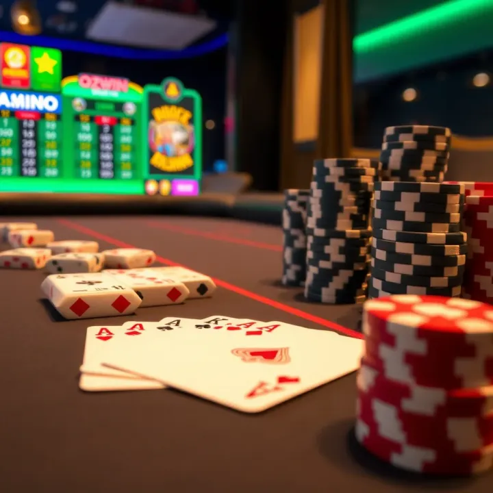 Close-up of casino table layout with playing cards, dice, and stacked chips