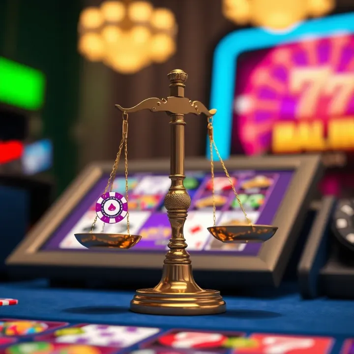 Illustration of responsible gambling practices with a balance scale showing fun and caution in online gaming