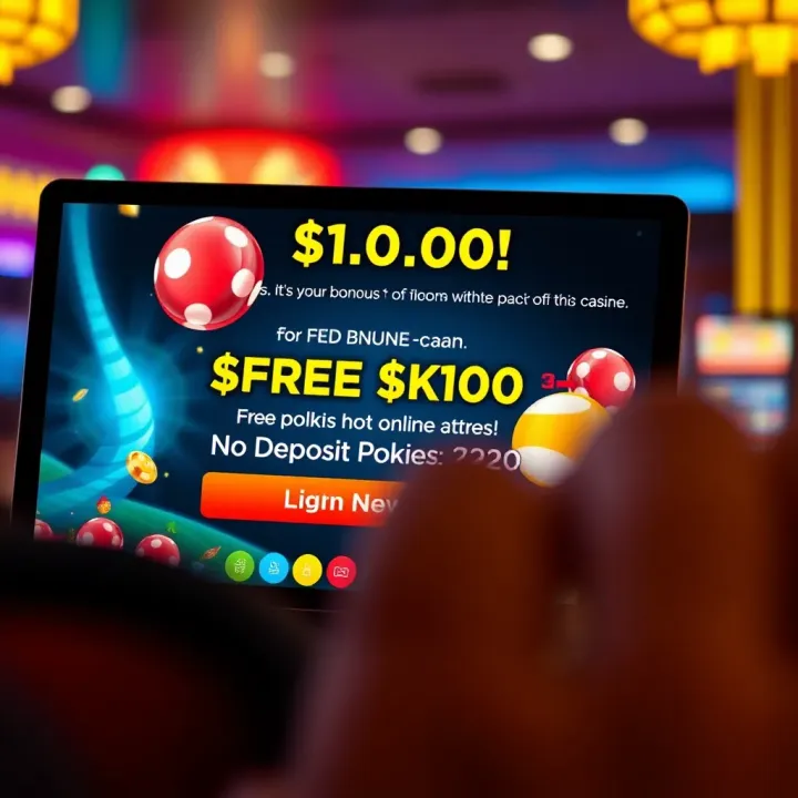 Illustration of online casino interface showing free bonus no deposit pokies offer