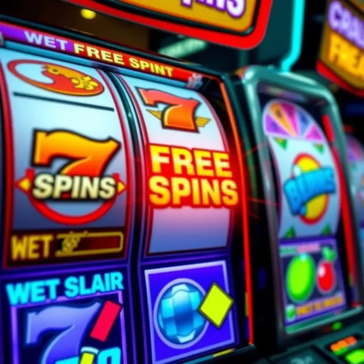 Slot Machine Reels Showcasing Free Spins Feature Colorful casino slot machine reels displaying various symbols with highlighted free spins feature
