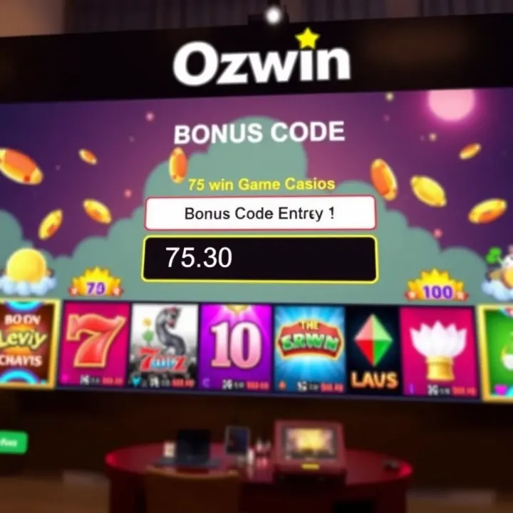 Ozwin Casino Bonus Code Entry Screen with Vibrant Game Icons Online casino interface showing a bonus code entry field with vibrant casino game icons