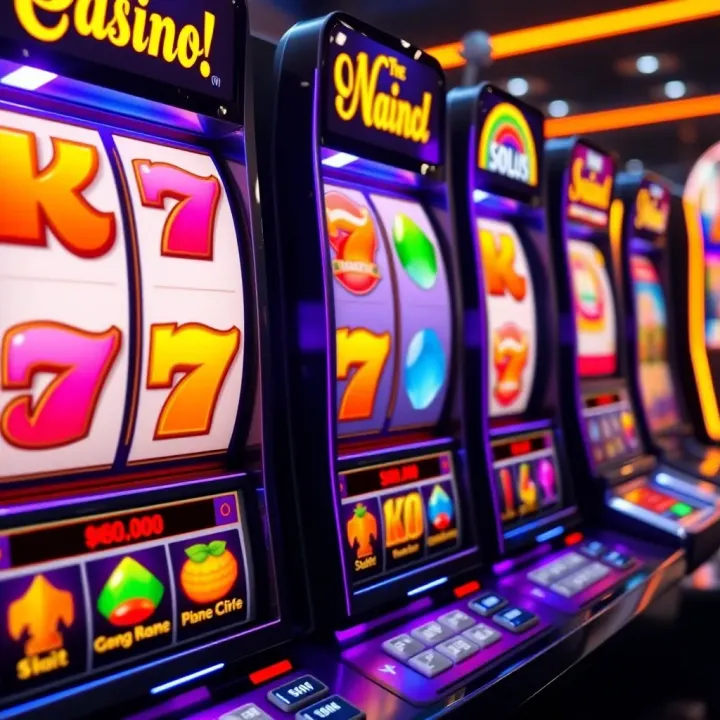 Colorful slot machine reels showing various symbols and bonuses in an online casino game interface