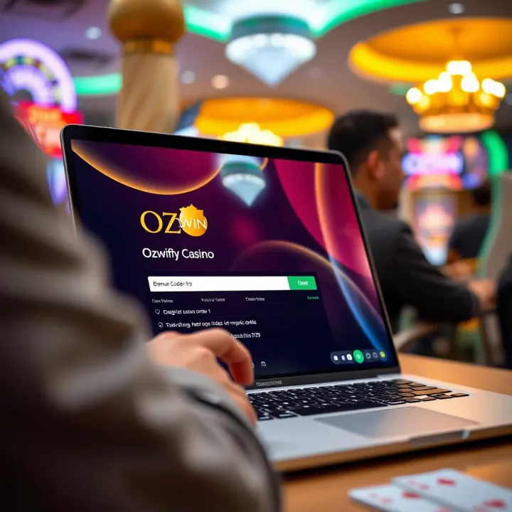 Illustration of Ozwin Casino bonus codes being entered on a laptop screen in an Australian online casino environment
