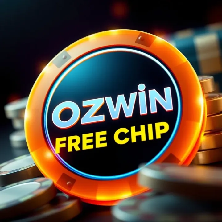 Ozwin Casino Free Chip Promotion Highlight Illustration showing a casino chip glowing with promotional text indicating a free chip offer at Ozwin Casino