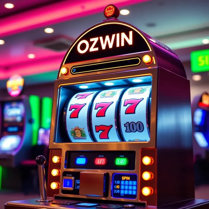 Digital Slot Machine Representing Ozwin Casino Free Spins Offer Illustration of a digital slot machine with bright lights symbolizing free spins at Ozwin Casino