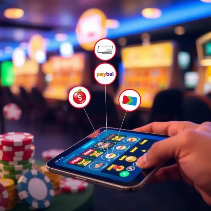 Illustration showing various payment method icons connected by lines to a smartphone screen displaying a casino app