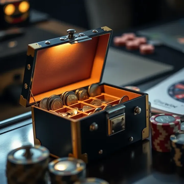 Compact Ozwin Coin Chest open showing organized compartments filled with coins and small valuables