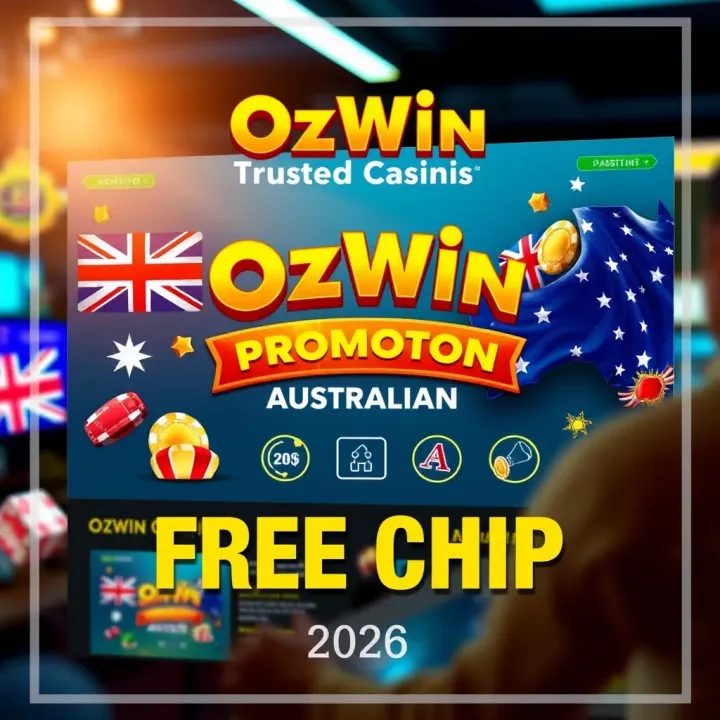 OzWin Free Chip Promotion Overview with Australian Theme Illustration showing the OzWin Free Chip offer with promotional elements and Australian motifs