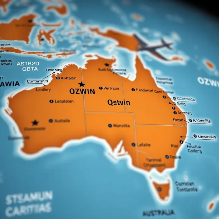 Diagram showing the layout of OZWIN NDB locations across Australia's airspace for navigation