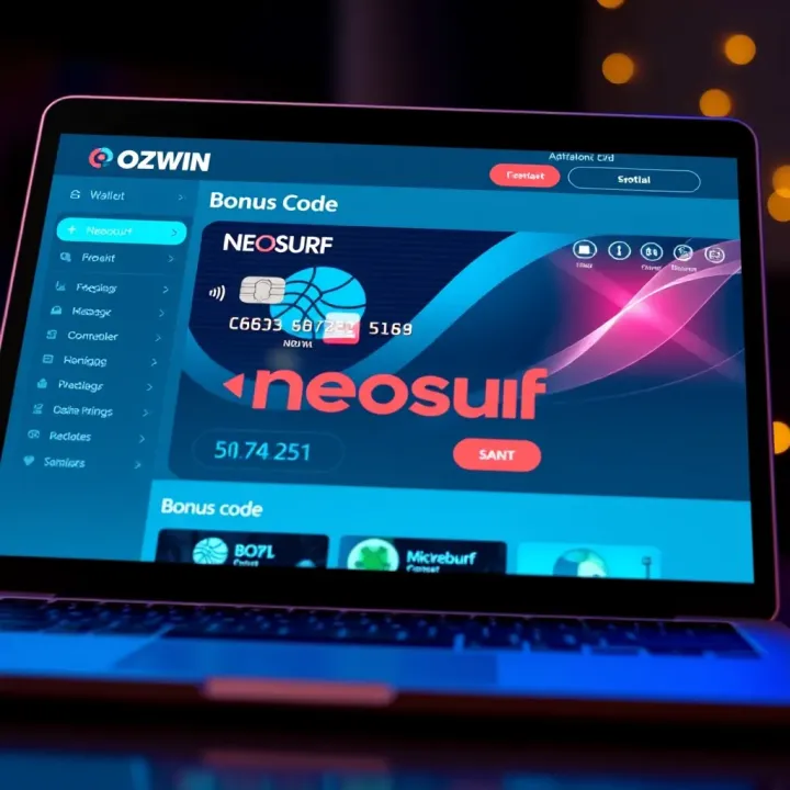 Digital Wallet Displaying Neosurf Card and Bonus Code Interface Illustration showing a digital wallet with a Neosurf card and bonus code on a laptop screen