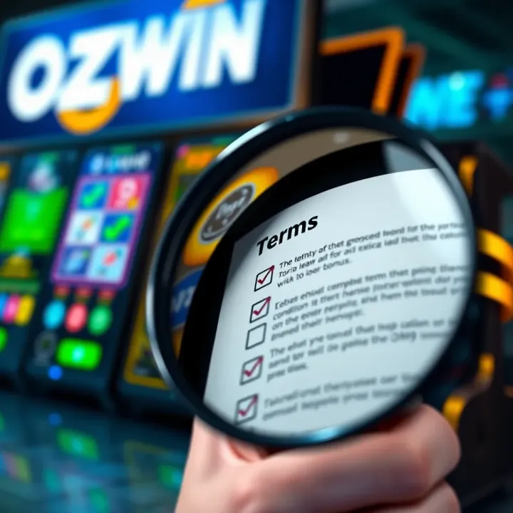 Key Terms to Know for the Ozwin No Deposit Bonus Graphic showing a checklist of terms and conditions with a magnifying glass emphasizing important details