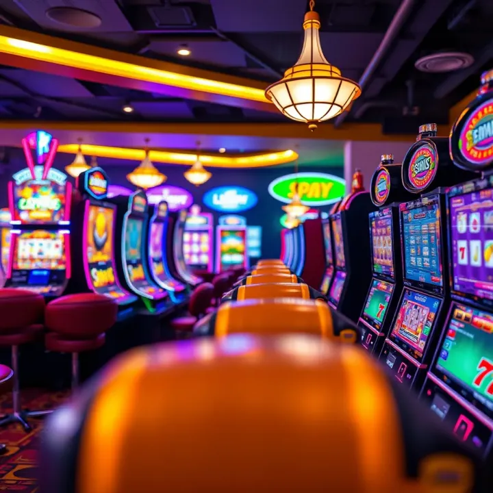 Diverse Slot Games at Ozwin Slots Casino Colorful array of online slot machines with various themes and bright lights