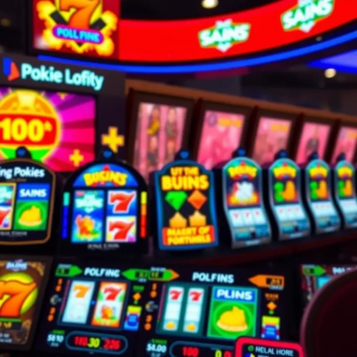 Digital Display of Online Pokies Games for Australian Players Bright digital interface showcasing various online pokies games with vibrant icons and spinning reels
